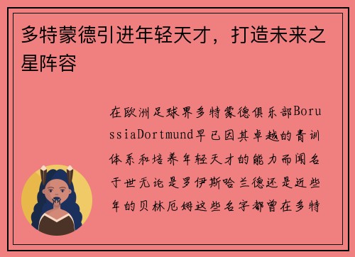 多特蒙德引进年轻天才，打造未来之星阵容